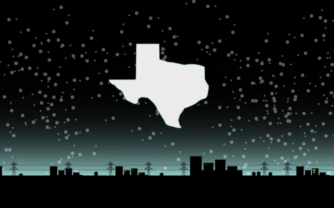 Image of Texas in a dark sky over a city